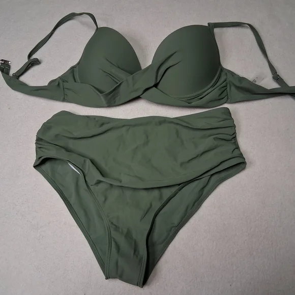 Olive Green Women's Two-Piece Swim Set - Padded Underwire Bikini - Picture 1 of 6